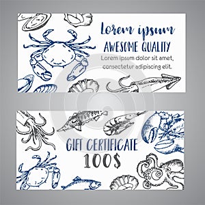 Seafood banner vector template set. Hand drawn vector illustrations. Gift certificate. Sketch of crab, lobster, shrimp