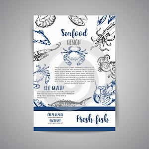 Seafood banner vector template set. Hand drawn vector illustrations. Gift certificate. Sketch of crab, lobster, shrimp