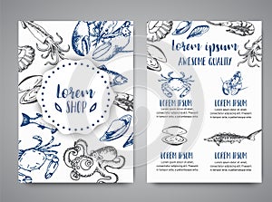 Seafood banner vector template set. Hand drawn vector