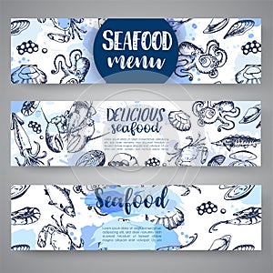 Seafood banners Hand drawn vector illustrations. Lake fish in line art style. Vector sea and ocean creatures for seafood