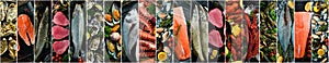 Seafood. Big banner set of seafood on a black table. Photo collage: fish, lobster, oysters, octopuses and tuna.