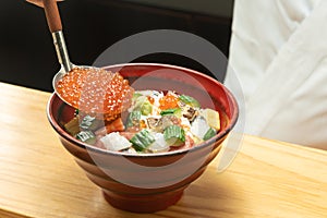 Seafood bowl made by a Japanese sushi chef