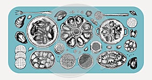 Seafood buffet illustrations collection in collage style. Hand drawn shellfish - mussels, oyster, shrimps, caviar, canned fish