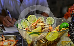 Seafood buffet line in hotel restaurant