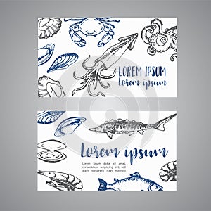 Seafood cards vector template set. Hand drawn vector illustrations. Sketch of crab, lobster, shrimp for restaurant menu