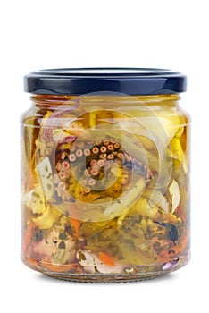 Seafood conserved in glass jar photo