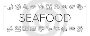 Seafood Cooked Food Dish Menu Icons Set Vector .