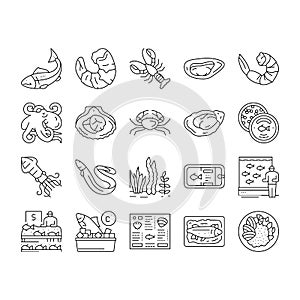 Seafood Cooked Food Dish Menu Icons Set Vector .