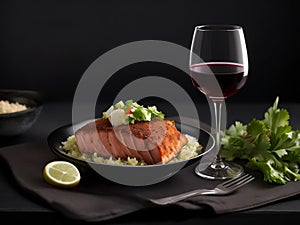 Seafood Costal Food Seared Salmon With Rice And A Glass Of Wine