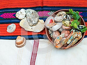 Seafood with crab claws and shells .