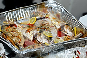gilt-head bream fishes recipe, denise fish cooked, Seafood cuisine, sea bream fishes cooked in the oven photo