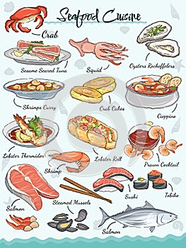 Seafood cuisine set with fish crab and prawns. Illustrrations for seafood restaurant menu.