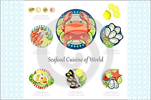 Seafood Cuisine of World, lobster, crab, shrimp, oyster, mussel, design element for banner or poster vector Illustration