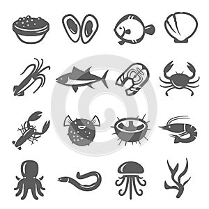 Seafood, delicacy bold black silhouette and line icons set isolated on white. Marine animal, fishes.