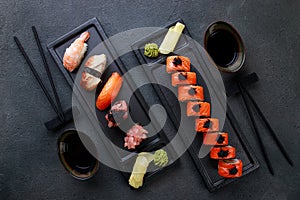 Seafood delicatessen sushi rolls set on plates