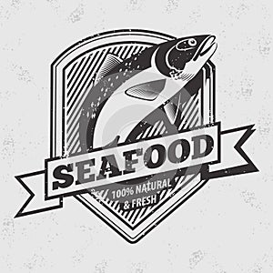 Seafood design concept with jumping salmon fish. Vector illustration