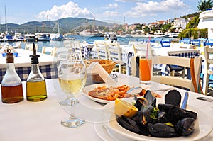 Seafood dinner in a Greek restaurant in Greece resort