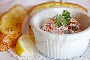 Seafood Dip in ramekin with Garlic Toast