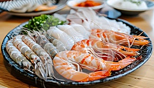 Seafood dish featuring shrimp, squid, and other arthropods on a wooden table
