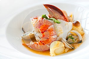 Seafood dish with lobster.