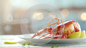 a seafood dish placed delicately on a white plate, against a light background, leaving ample space for a text or message