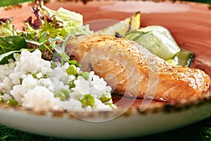 Seafood Dishes with Salmon Steak and Rice