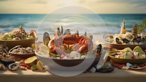 Seafood dishes with the sea in the background.