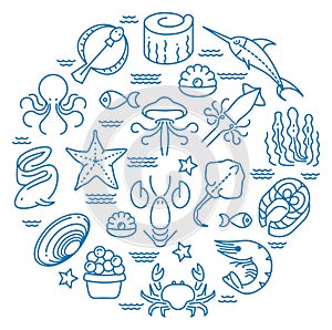 Seafood doodle icons in round shape. Water fauna