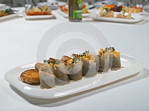 Seafood. Fish cakes and cheese rolls stuffed with fish fillet on a plate on a white background