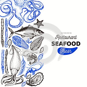 Seafood and fish design template. Hand drawn vector illustration. Food banner. Can be used for design menu, packaging, recipes,