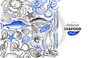 Seafood and fish design template. Hand drawn vector illustration. Food banner. Can be used for design menu, packaging, recipes,