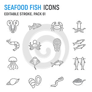 Seafood and fish line icon set