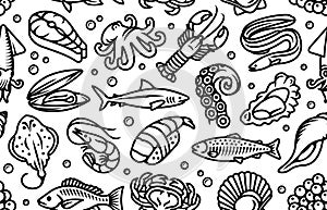 Seafood, fish and sea animals seamless pattern