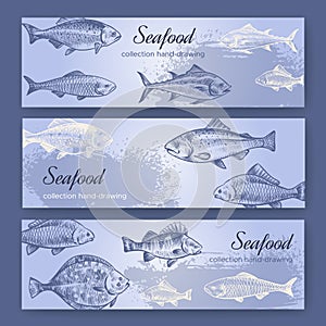 Seafood flyers. Vintage mediterranean fish food poster, sea restaurant flyer and banners drawing vector set