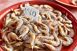 Seafood. Fresh Caught Shrimps ( Prawns ) At Farmers Market. Heal