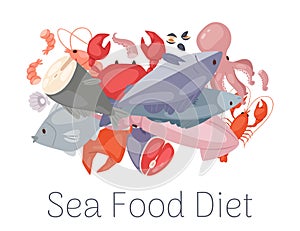 Seafood and fresh fish diet from lobster, crab, salmon fish, squid, octopus, shrimp, shells on white background for