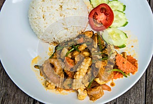 Seafood Fried with carrot, garlic near sliced tomato,cucumber with rice ready to eat on white plate.