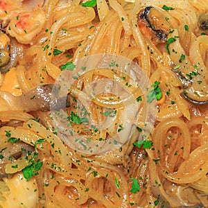 Seafood glass noodles. Asian cuisine. closeup