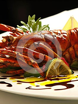 Seafood gourmet plate close-up looking delicious and colorful