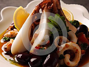 Seafood gourmet plate close-up looking delicious and colorful