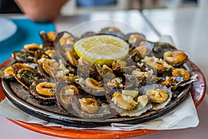Seafood - grilled limpets served with lemon. Lapas grelhadas photo