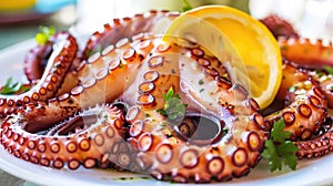 Seafood. Grilled octopus, a gourmet dish in a restaurant on a beautiful plate