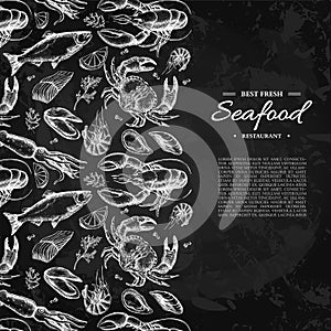 Seafood hand drawn vector illustration. Crab, lobster, shrimp, oyster, mussel, caviar and squid