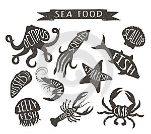 Seafood hand drawn vector illustrations isolated on white background, elements for restaurant menu design, decor, label.