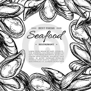 Seafood hand drawn vector mussel and oyster framed illustration. Engraved style vintage template.