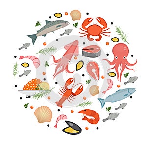 Seafood icons set in round shape, flat style. Sea food collection isolated