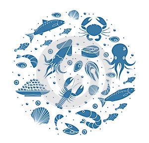 Seafood icons set in round shape,silhouette. Sea food collection isolated on white background. Fish products, marine