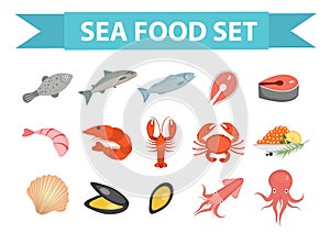 Seafood icons set vector, flat style. Sea food collection isolated on white background. Fish products illustration