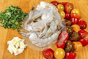 Seafood. Ingridients for spaghetti pasta with prawns or shrimps