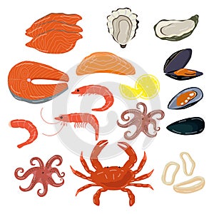 Seafood isolated on white, set of fresh ocean delicacies, oyster, prawn and shrimp, vector illustration